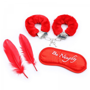 Red  Feather Erotic Eye Mask with Fuzzy Handcuffs
