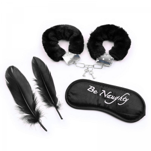 Black Feather Erotic Eye Mask with Fuzzy Handcuffs